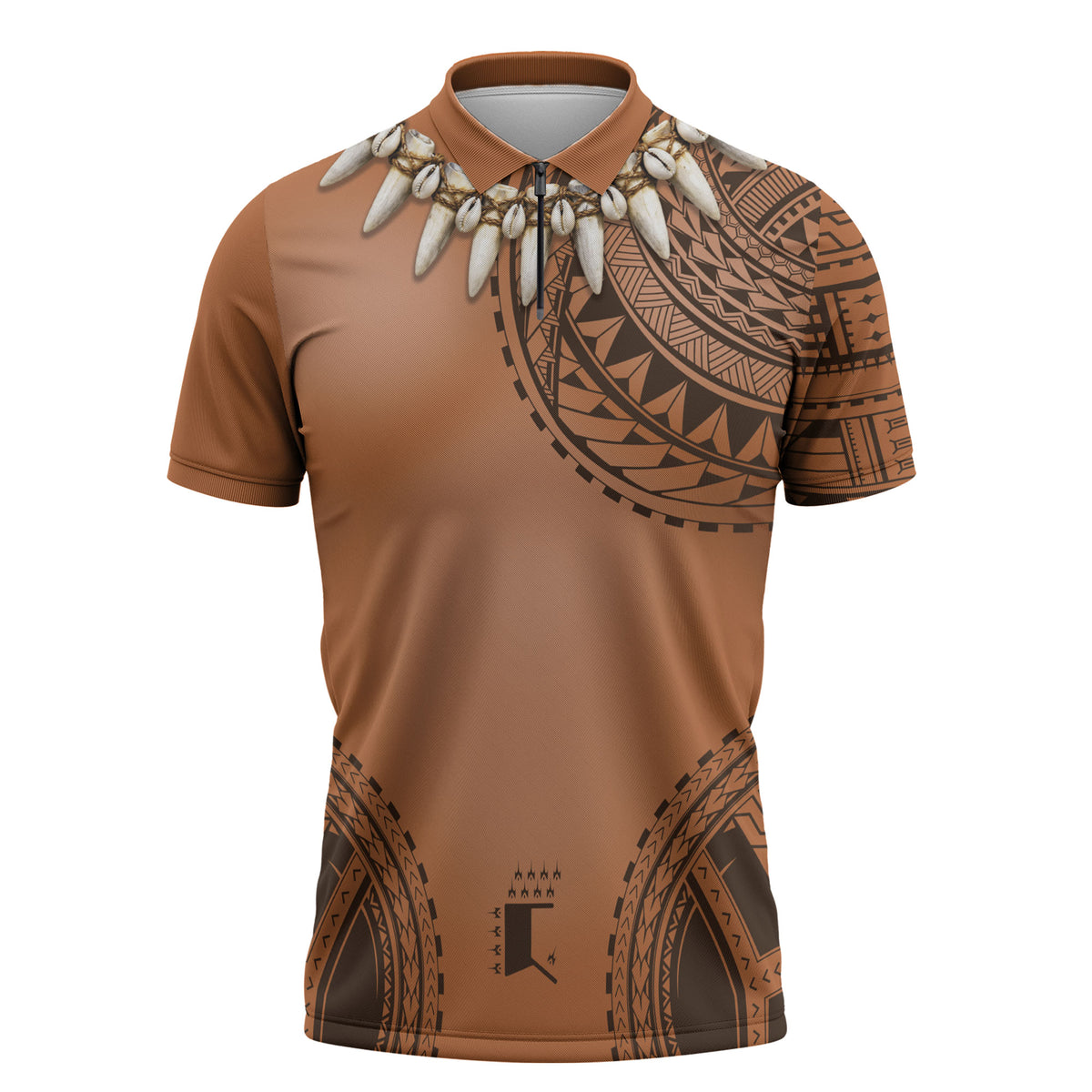 Polynesian Chief Inspired Costume Zipper Polo Shirt Tribal Pattern With Tooth Necklace