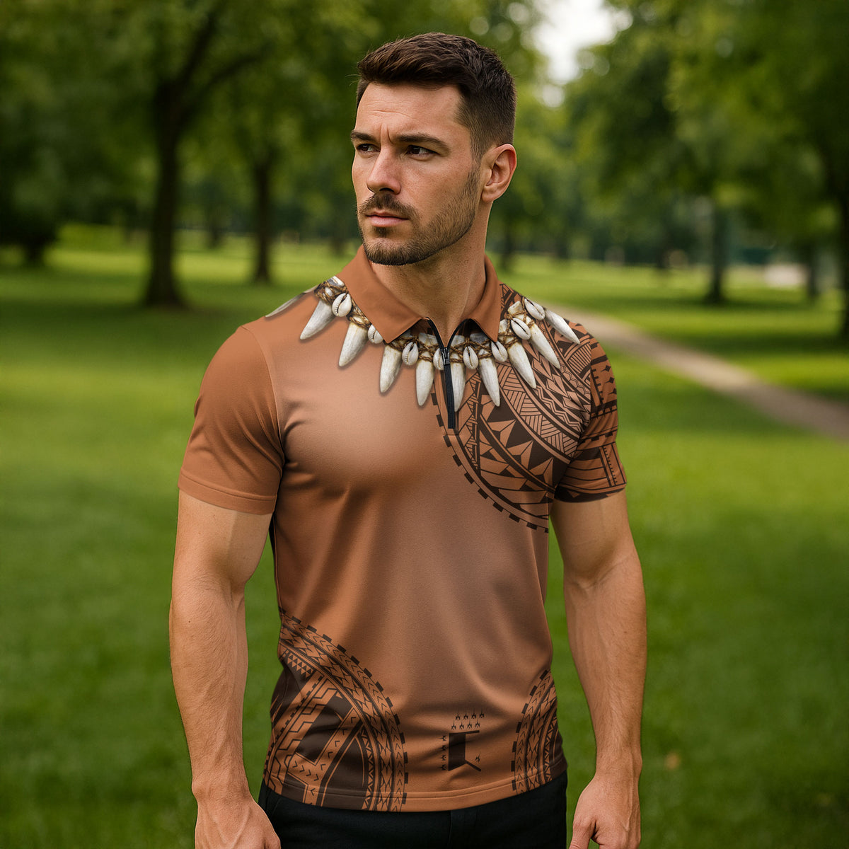 Polynesian Chief Inspired Costume Zipper Polo Shirt Tribal Pattern With Tooth Necklace