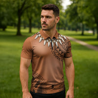 Polynesian Chief Inspired Costume Zipper Polo Shirt Tribal Pattern With Tooth Necklace