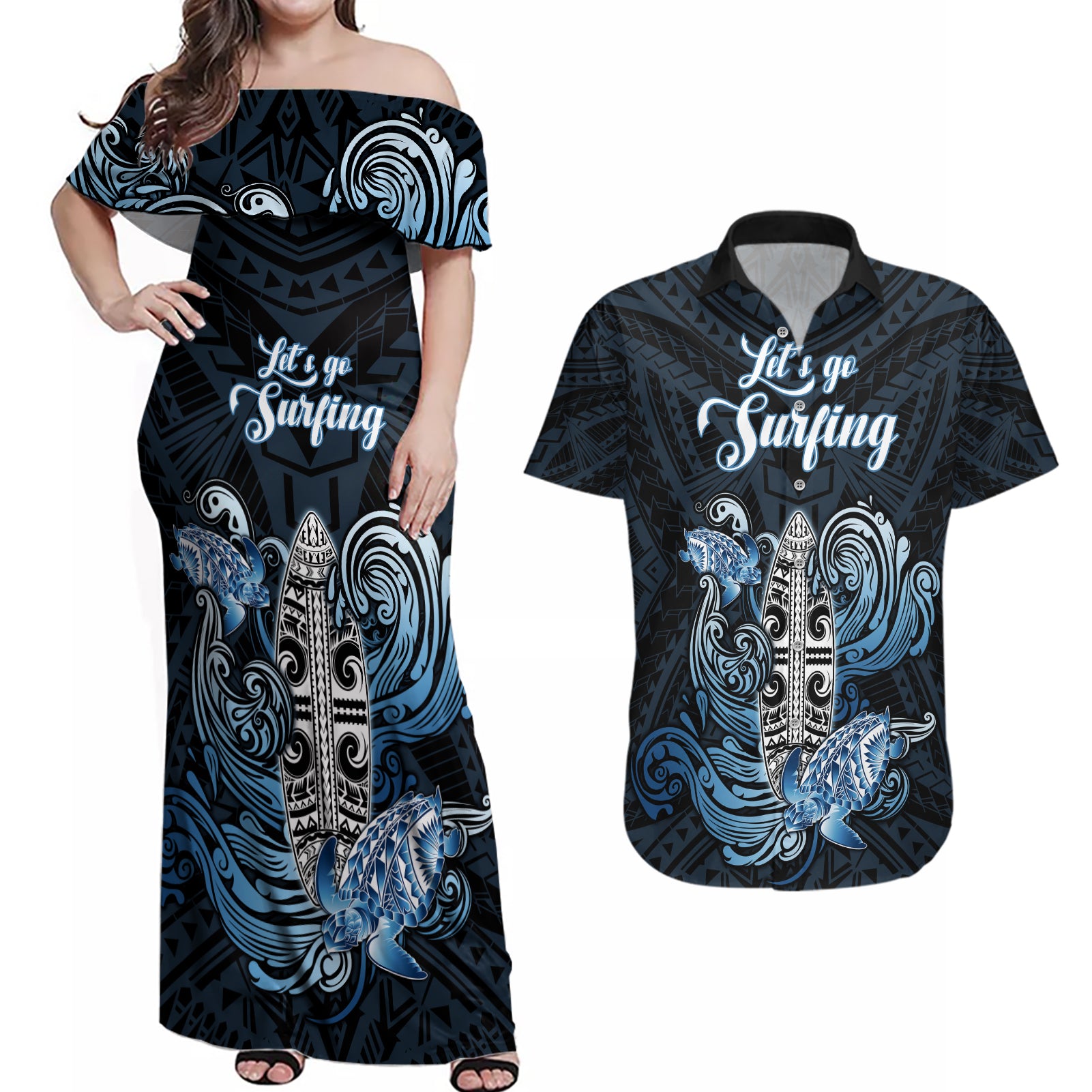 Personalised Polynesia Go Surfing Couples Matching Off Shoulder Maxi Dress and Hawaiian Shirt The Pacific Wave Of Water LT05 Blue - Polynesian Pride