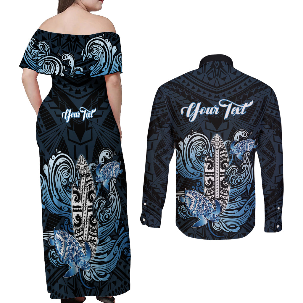 Personalised Polynesia Go Surfing Couples Matching Off Shoulder Maxi Dress and Long Sleeve Button Shirt The Pacific Wave Of Water LT05 - Polynesian Pride