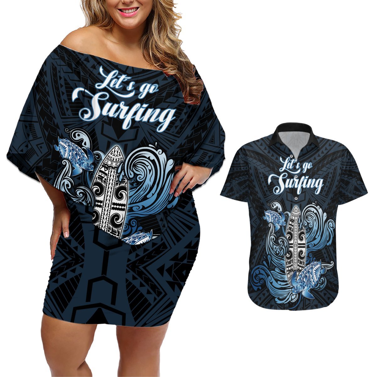 Personalised Polynesia Go Surfing Couples Matching Off Shoulder Short Dress and Hawaiian Shirt The Pacific Wave Of Water LT05 Blue - Polynesian Pride