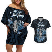 Personalised Polynesia Go Surfing Couples Matching Off Shoulder Short Dress and Hawaiian Shirt The Pacific Wave Of Water LT05 Blue - Polynesian Pride