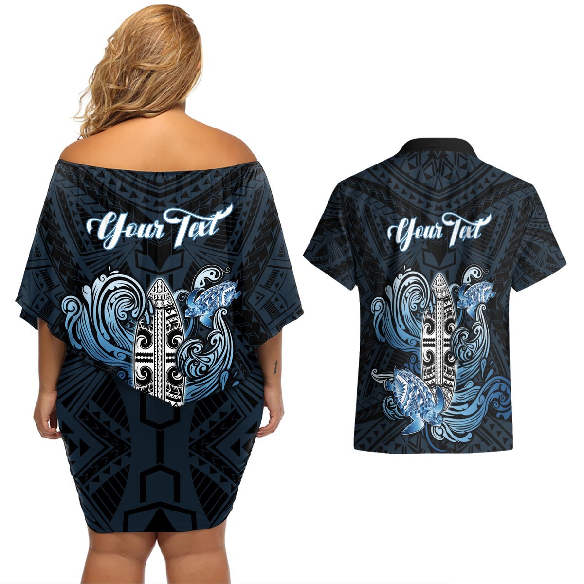 Personalised Polynesia Go Surfing Couples Matching Off Shoulder Short Dress and Hawaiian Shirt The Pacific Wave Of Water LT05 - Polynesian Pride