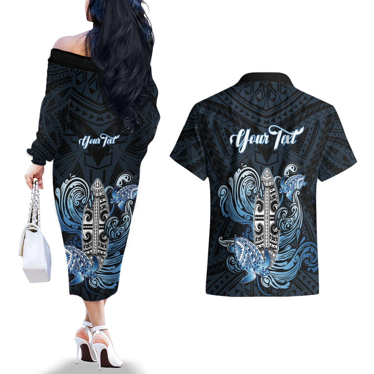Personalised Polynesia Go Surfing Couples Matching Off The Shoulder Long Sleeve Dress and Hawaiian Shirt The Pacific Wave Of Water LT05 - Polynesian Pride