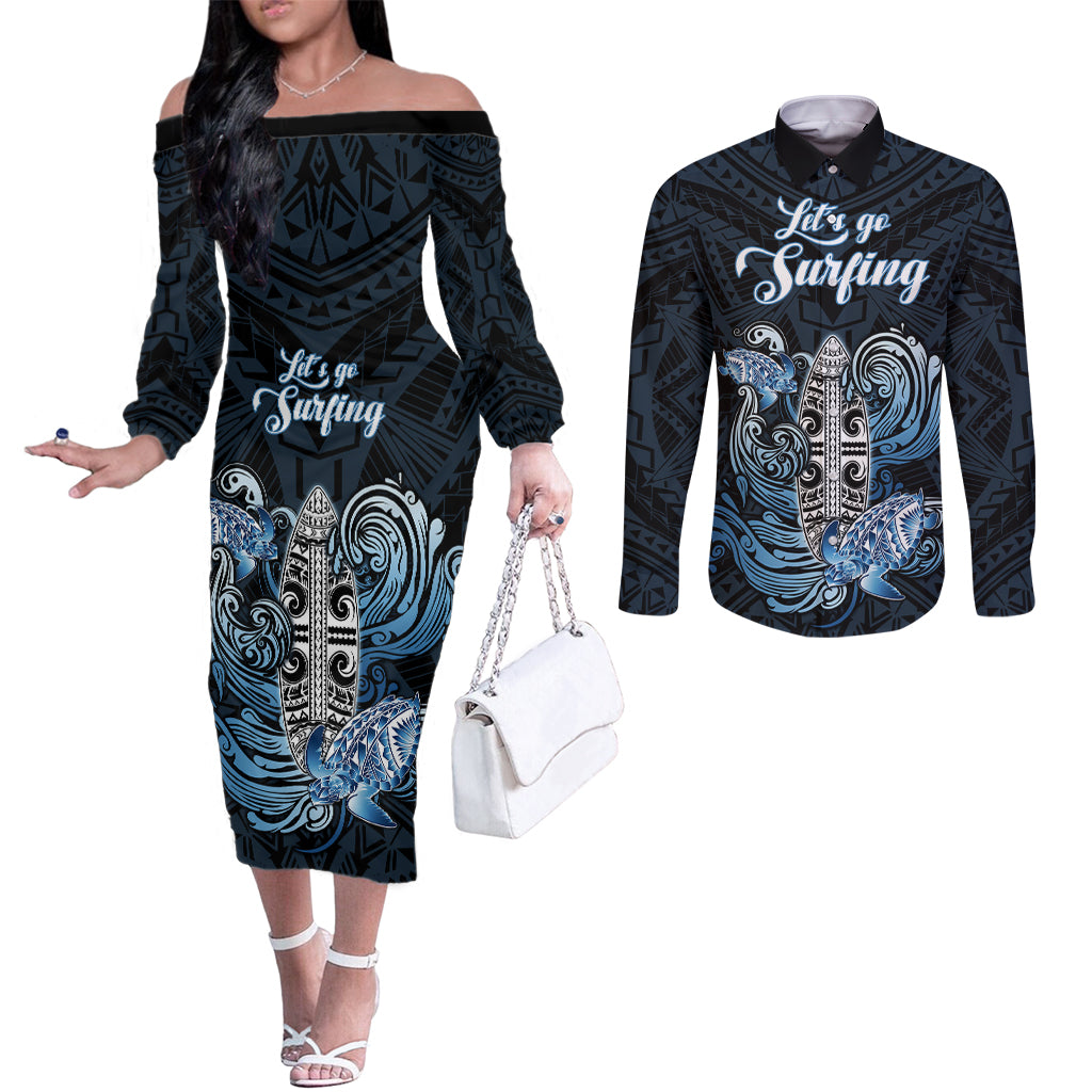 Personalised Polynesia Go Surfing Couples Matching Off The Shoulder Long Sleeve Dress and Long Sleeve Button Shirt The Pacific Wave Of Water LT05 Blue - Polynesian Pride