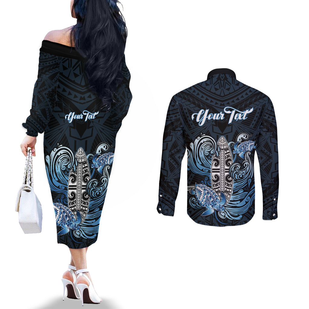Personalised Polynesia Go Surfing Couples Matching Off The Shoulder Long Sleeve Dress and Long Sleeve Button Shirt The Pacific Wave Of Water LT05 - Polynesian Pride