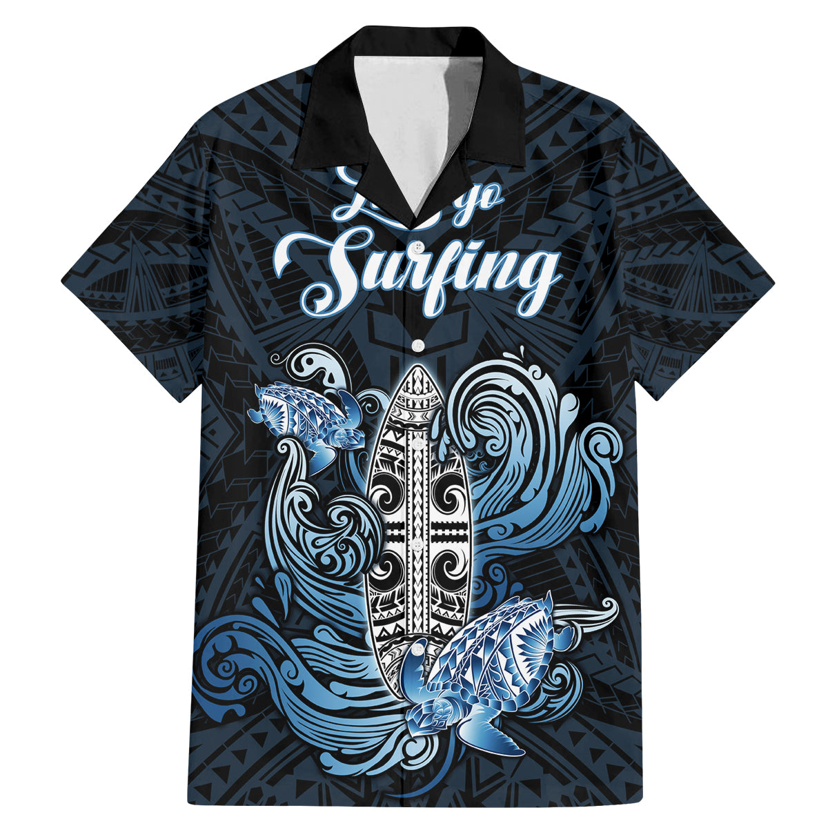Personalised Polynesia Go Surfing Family Matching Mermaid Dress and Hawaiian Shirt The Pacific Wave Of Water LT05 Dad's Shirt - Short Sleeve Blue - Polynesian Pride