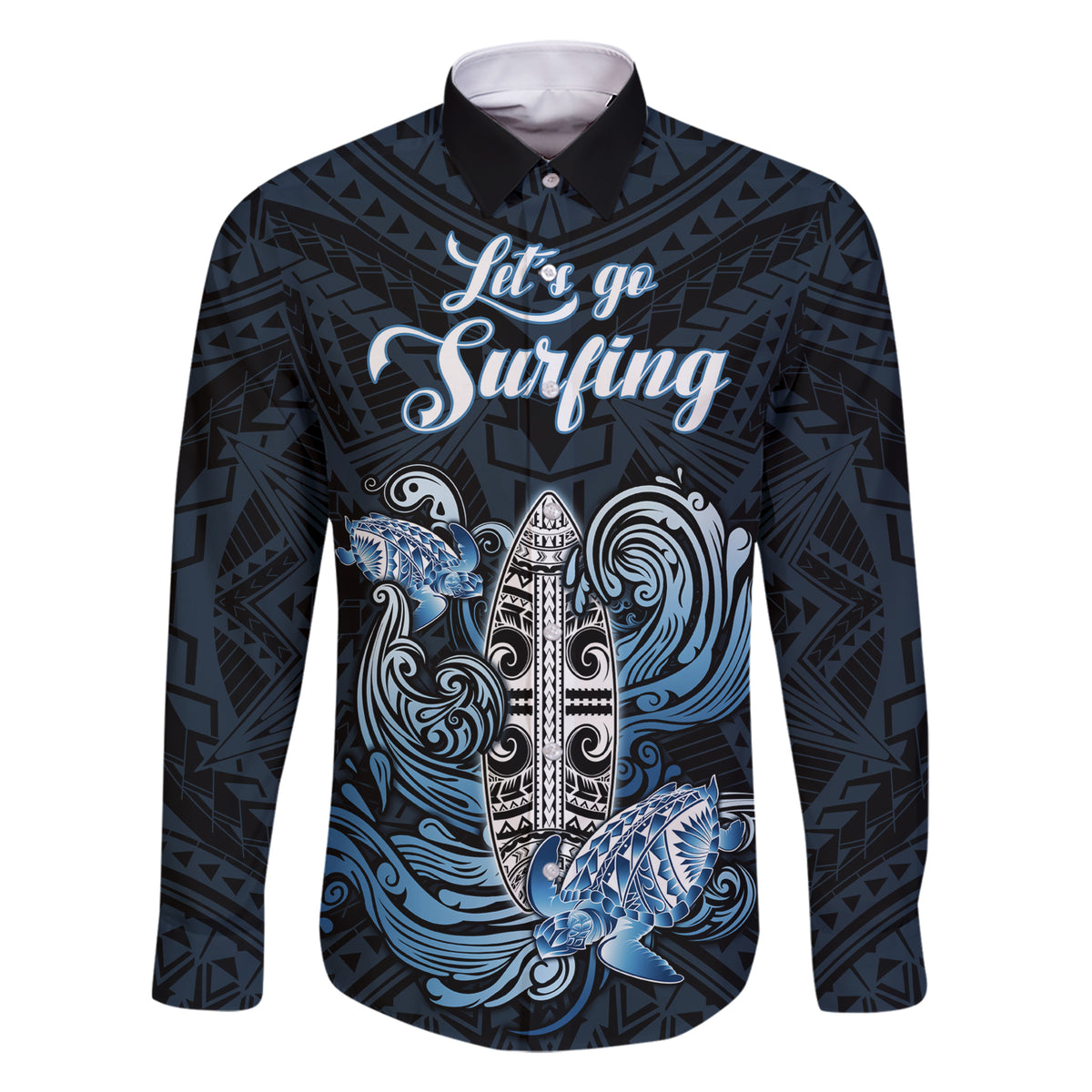 Personalised Polynesia Go Surfing Family Matching Short Sleeve Bodycon Dress and Hawaiian Shirt The Pacific Wave Of Water LT05 Dad's Shirt - Long Sleeve Blue - Polynesian Pride