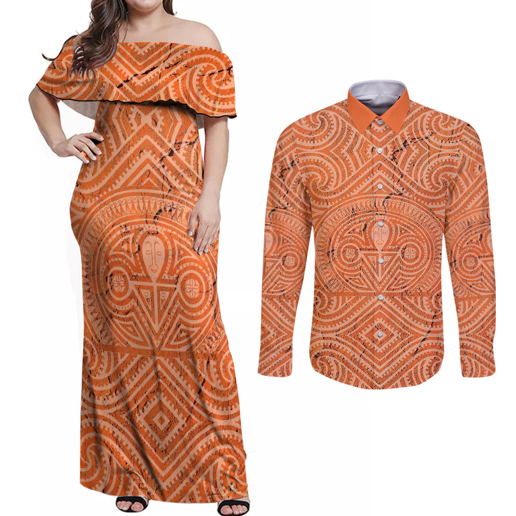 Personalised Lapita Culture Couples Matching Off Shoulder Maxi Dress and Long Sleeve Button Shirt Iconic Double Face Pattern LT05 Brown - Polynesian Pride
