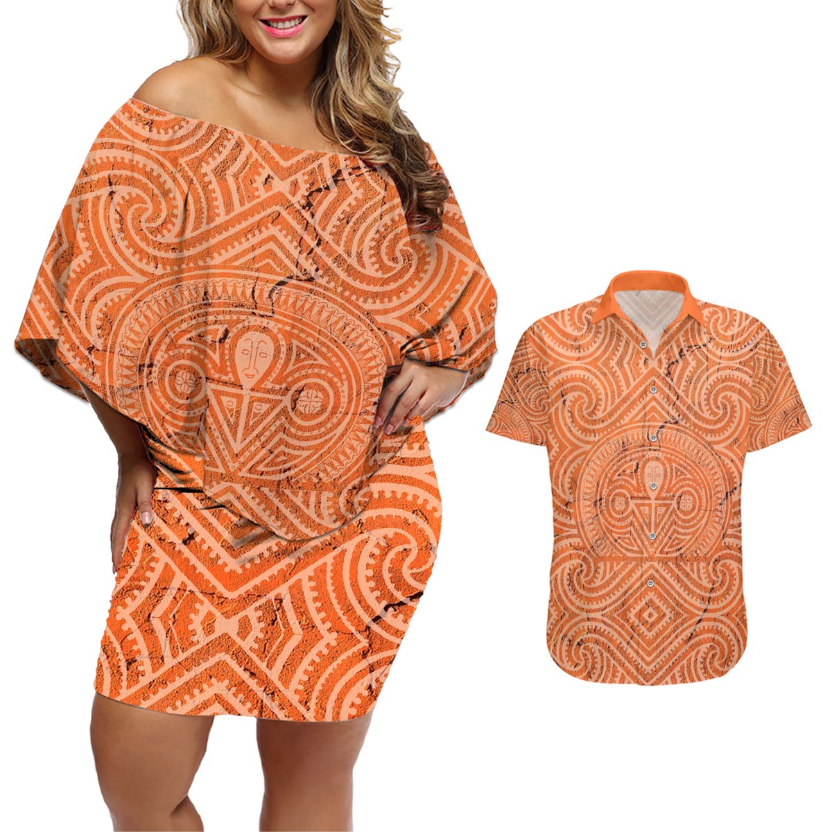Personalised Lapita Culture Couples Matching Off Shoulder Short Dress and Hawaiian Shirt Iconic Double Face Pattern LT05 Brown - Polynesian Pride
