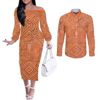 Personalised Lapita Culture Couples Matching Off The Shoulder Long Sleeve Dress and Long Sleeve Button Shirt Iconic Double Face Pattern LT05 Brown - Polynesian Pride