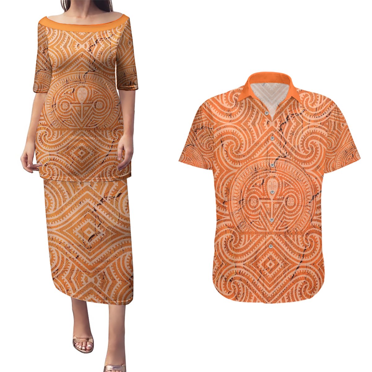 Personalised Lapita Culture Couples Matching Puletasi Dress and Hawaiian Shirt Iconic Double Face Pattern LT05 Brown - Polynesian Pride