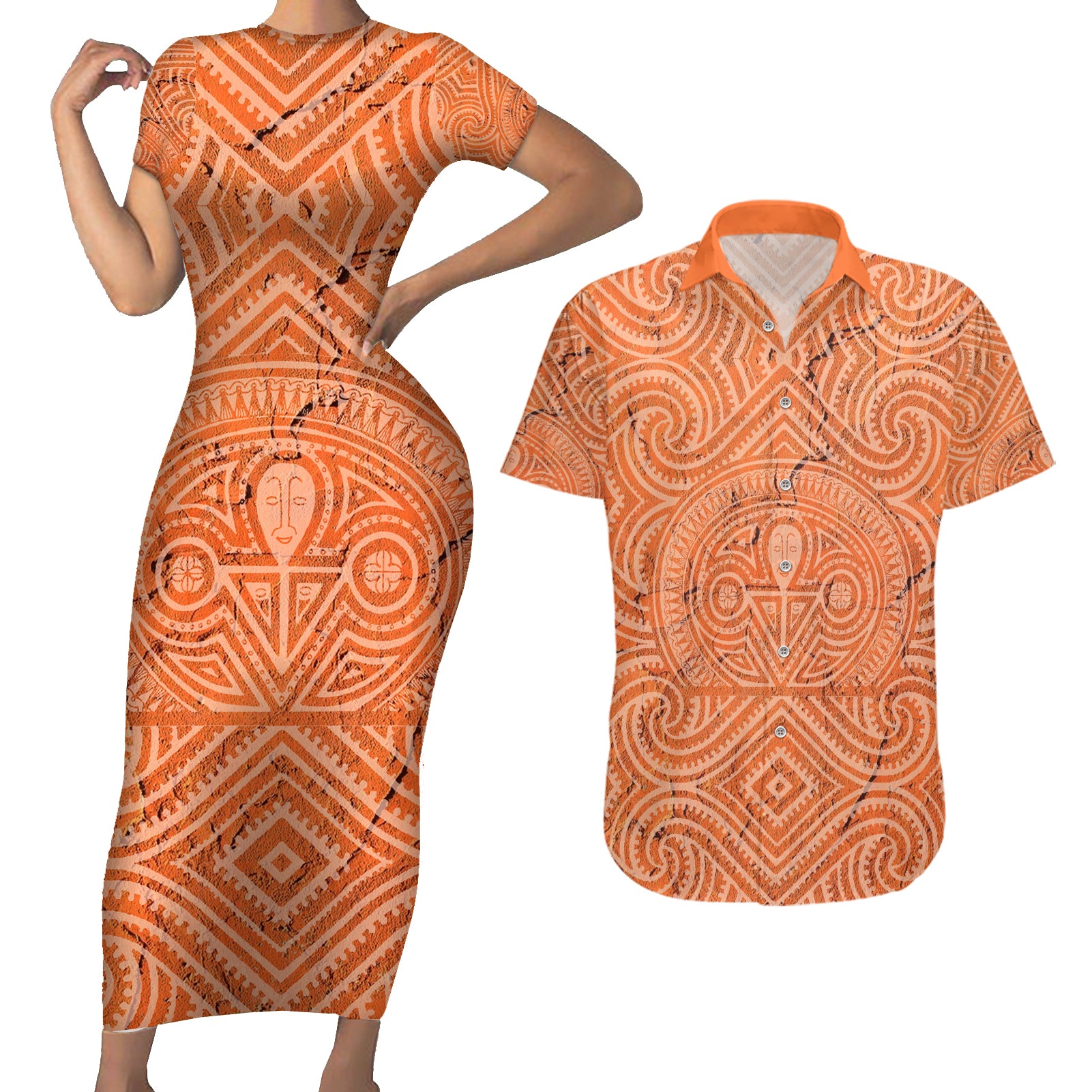 Personalised Lapita Culture Couples Matching Short Sleeve Bodycon Dress and Hawaiian Shirt Iconic Double Face Pattern LT05 Brown - Polynesian Pride