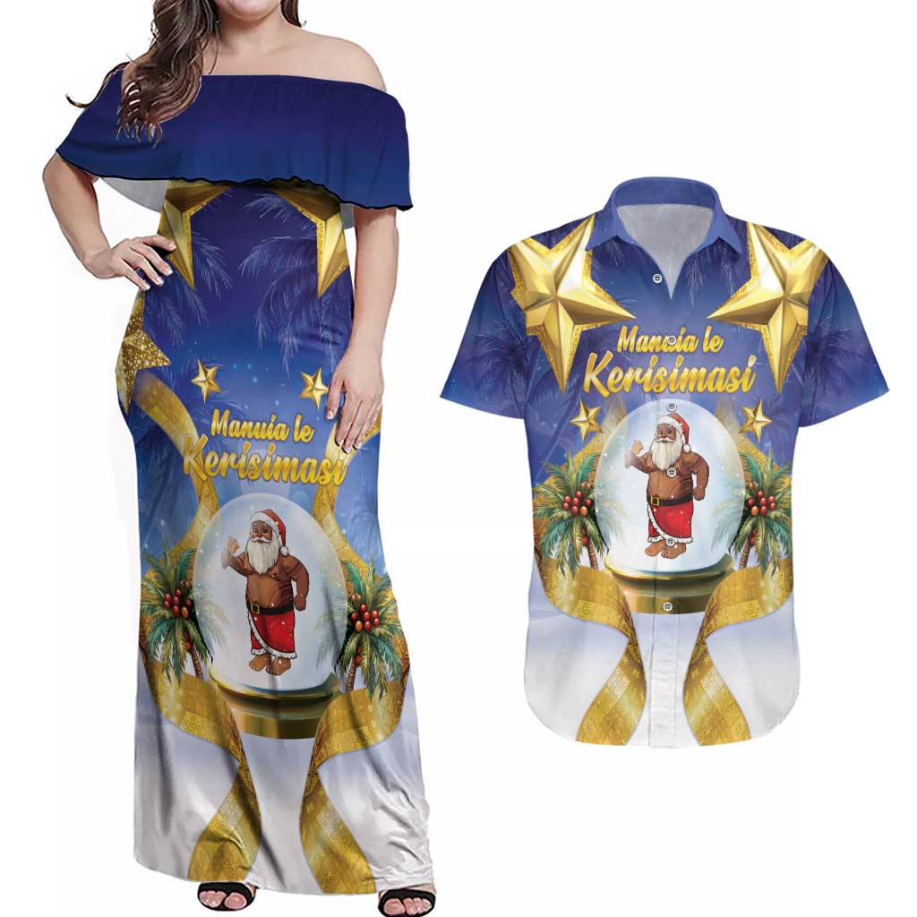 Samoa Christmas Couples Matching Off Shoulder Maxi Dress and Hawaiian Shirt Snow Globe With Samoan Santa - Polynesian Pride