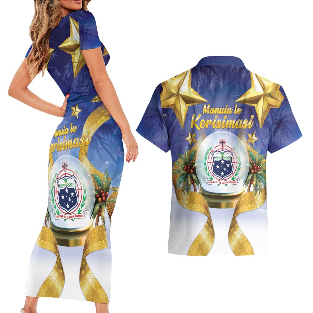 Samoa Christmas Couples Matching Short Sleeve Bodycon Dress and Hawaiian Shirt Snow Globe With Samoan Santa - Polynesian Pride
