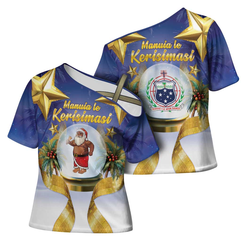 Samoa Christmas Cross Shoulder Shirt Snow Globe With Samoan Santa - Polynesian Pride