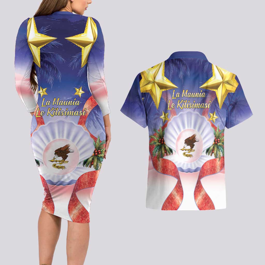 American Samoa Christmas Couples Matching Long Sleeve Bodycon Dress and Hawaiian Shirt Seashell Santa Beach Vibes - Polynesian Pride
