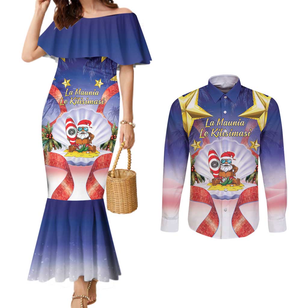 American Samoa Christmas Couples Matching Mermaid Dress and Long Sleeve Button Shirt Seashell Santa Beach Vibes - Polynesian Pride