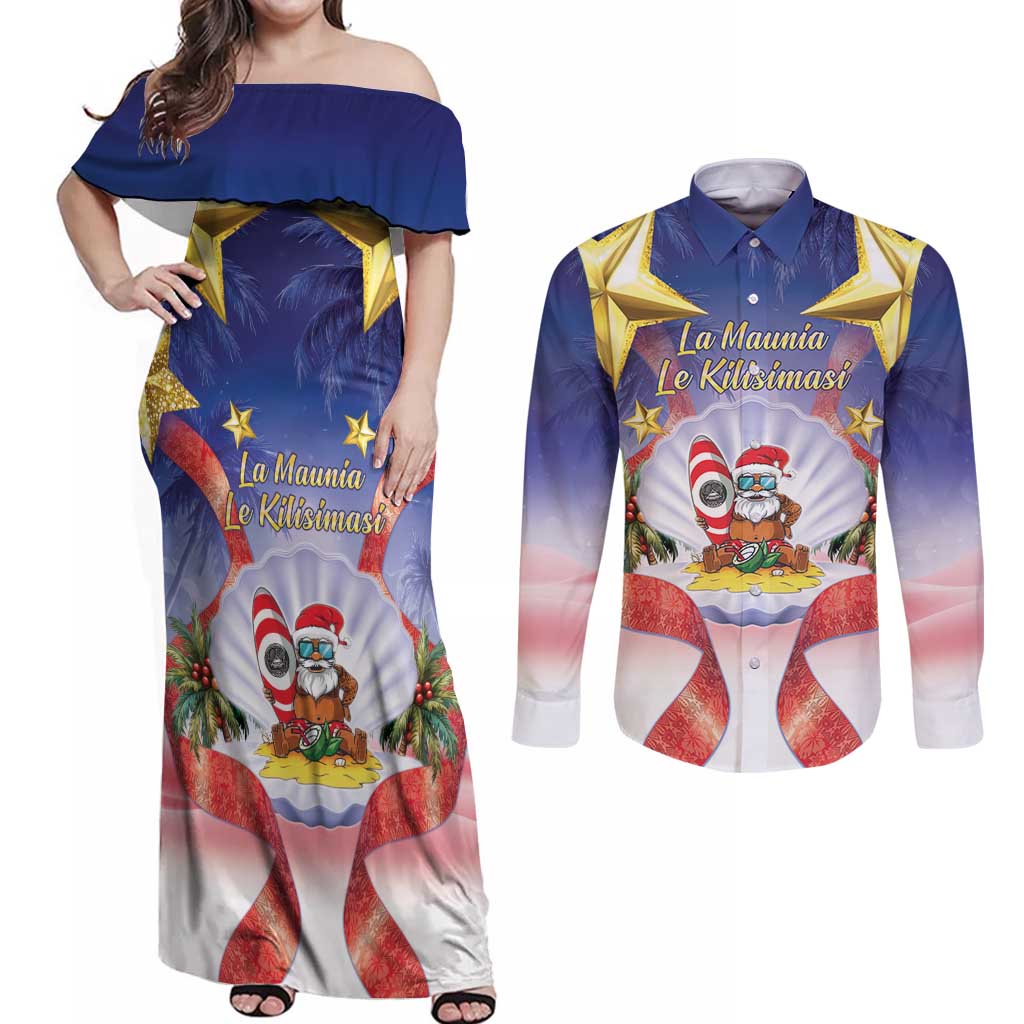 American Samoa Christmas Couples Matching Off Shoulder Maxi Dress and Long Sleeve Button Shirt Seashell Santa Beach Vibes - Polynesian Pride
