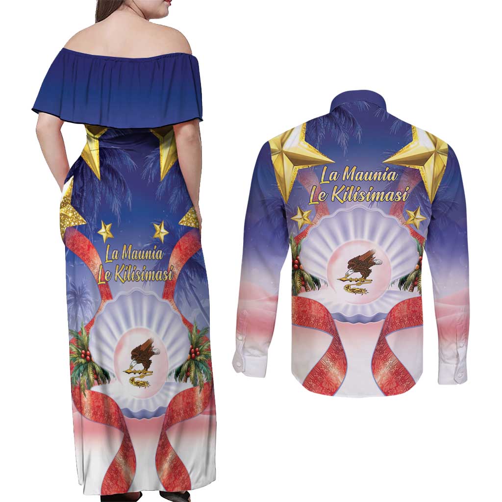 American Samoa Christmas Couples Matching Off Shoulder Maxi Dress and Long Sleeve Button Shirt Seashell Santa Beach Vibes - Polynesian Pride