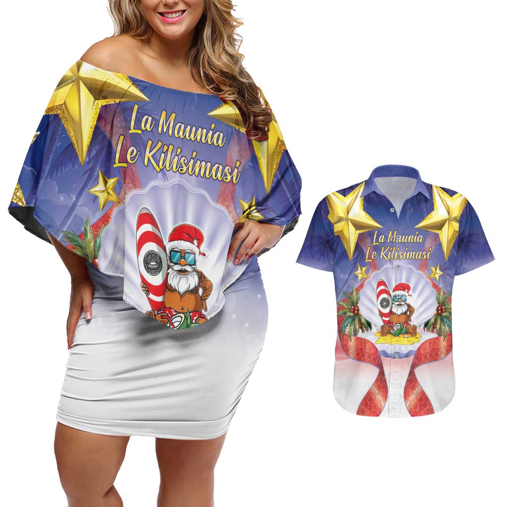 American Samoa Christmas Couples Matching Off Shoulder Short Dress and Hawaiian Shirt Seashell Santa Beach Vibes - Polynesian Pride