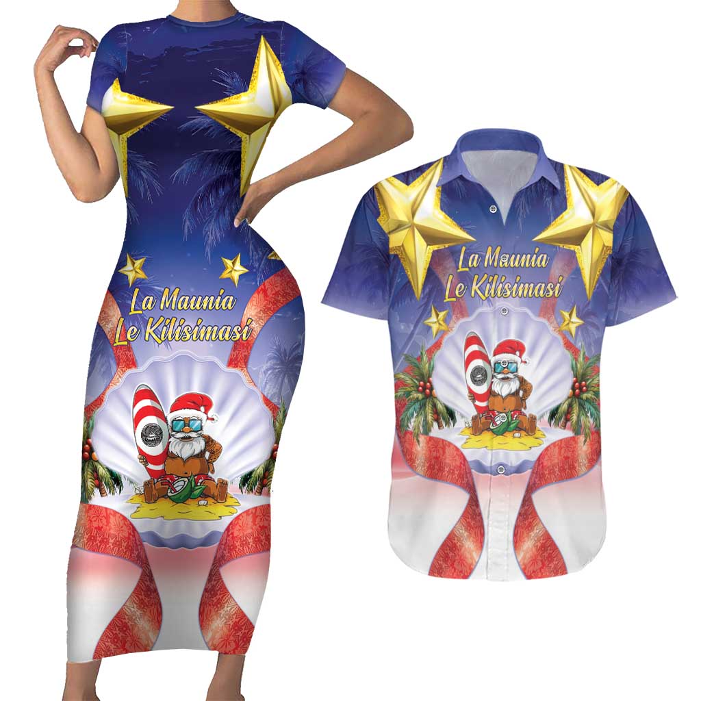 American Samoa Christmas Couples Matching Short Sleeve Bodycon Dress and Hawaiian Shirt Seashell Santa Beach Vibes - Polynesian Pride