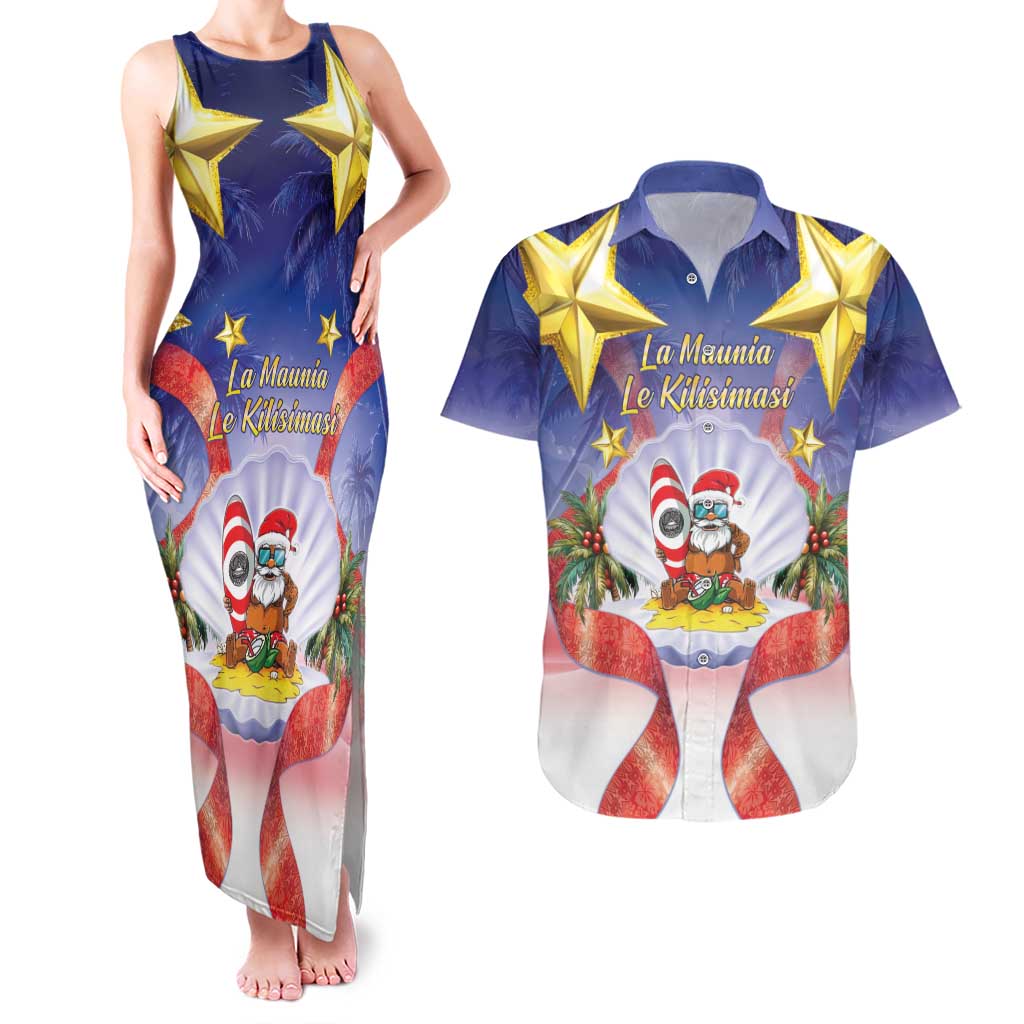 American Samoa Christmas Couples Matching Tank Maxi Dress and Hawaiian Shirt Seashell Santa Beach Vibes - Polynesian Pride