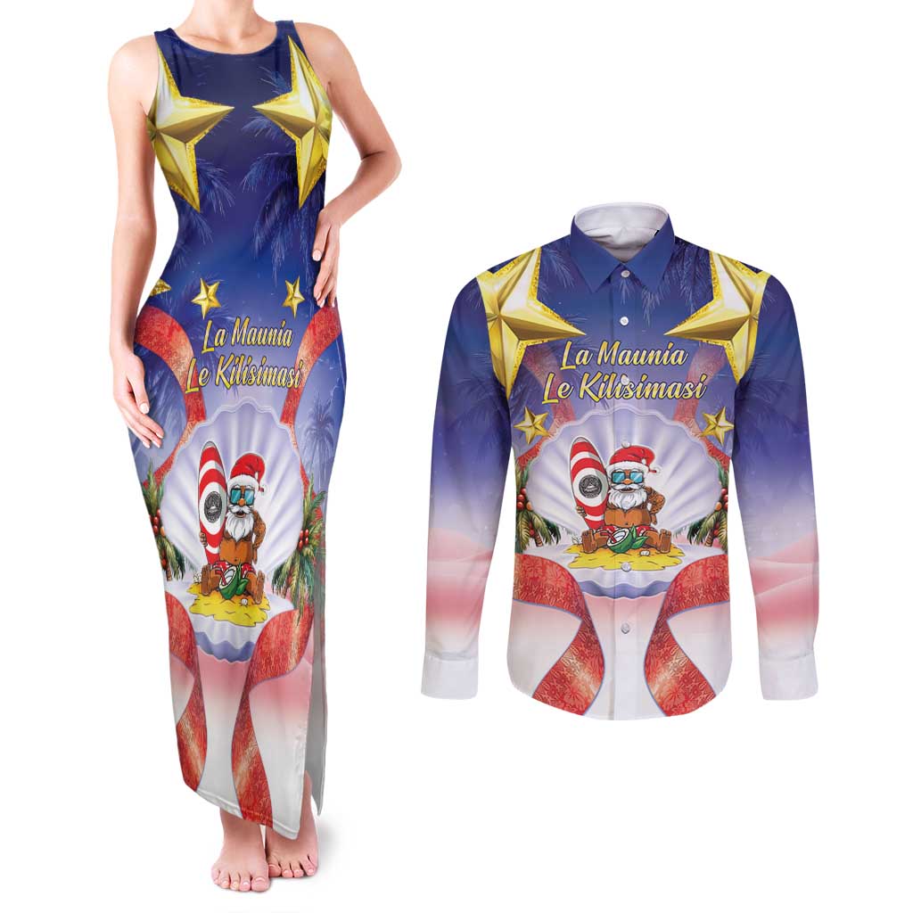 American Samoa Christmas Couples Matching Tank Maxi Dress and Long Sleeve Button Shirt Seashell Santa Beach Vibes - Polynesian Pride