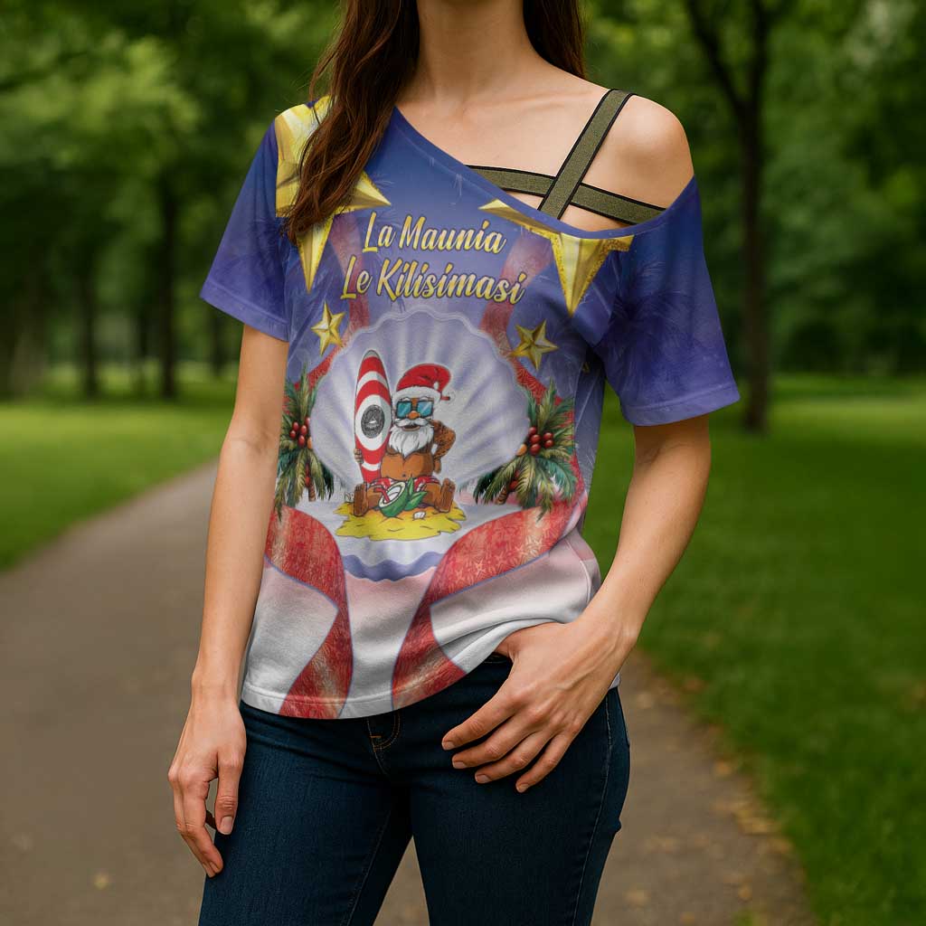American Samoa Christmas Cross Shoulder Shirt Seashell Santa Beach Vibes - Polynesian Pride