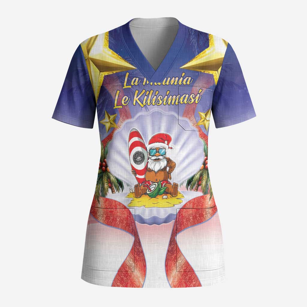 American Samoa Christmas Scrub Top Seashell Santa Beach Vibes - Polynesian Pride