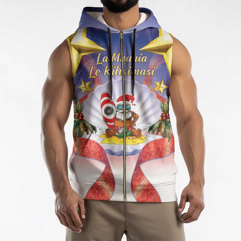 American Samoa Christmas Sleeveless Zip Hoodie Seashell Santa Beach Vibes - Polynesian Pride
