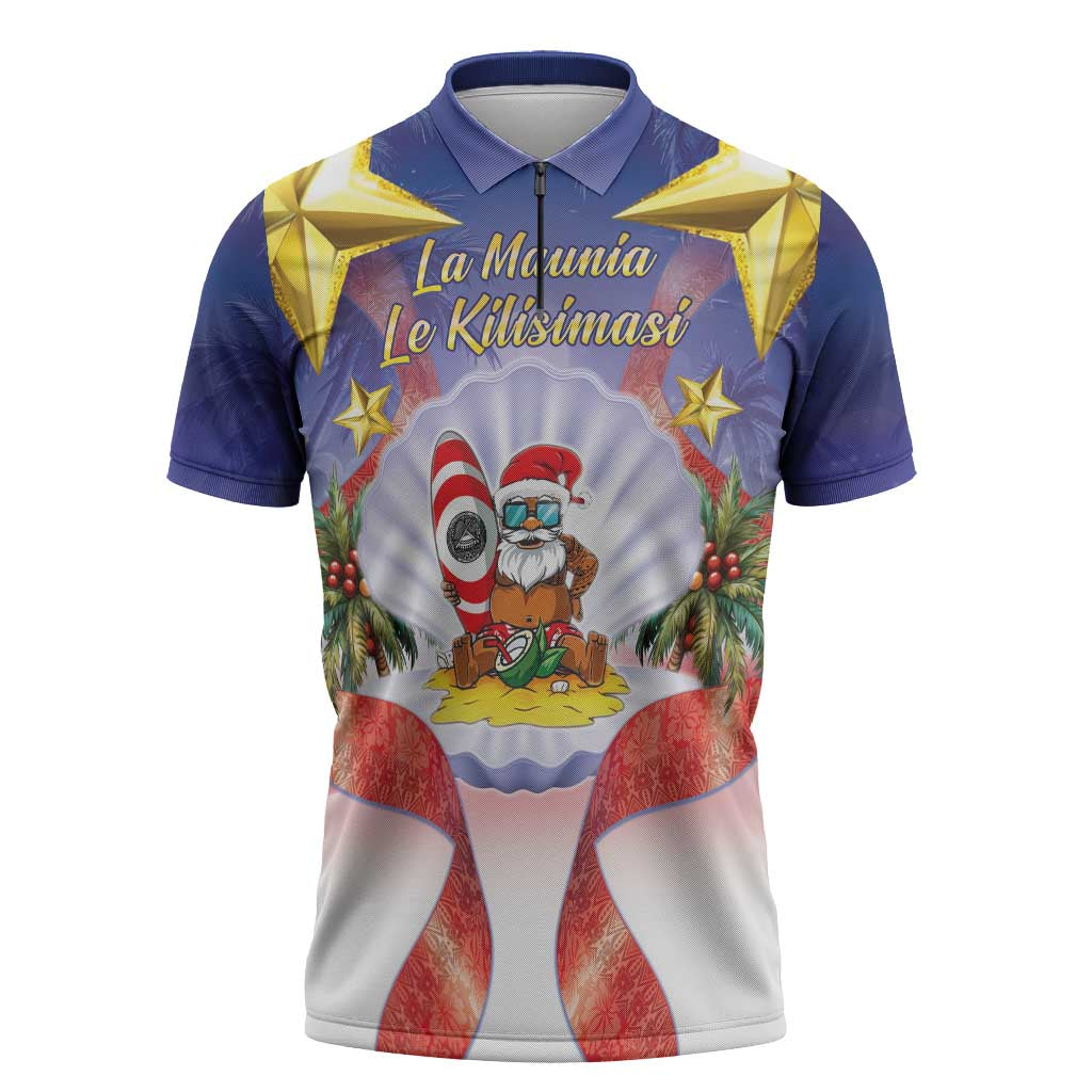 American Samoa Christmas Zipper Polo Shirt Seashell Santa Beach Vibes - Polynesian Pride