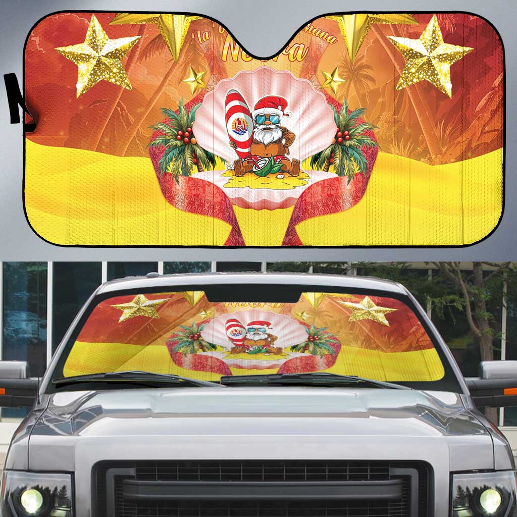 French Polynesia Christmas Auto Sun Shade Seashell Santa Beach Vibes - Polynesian Pride