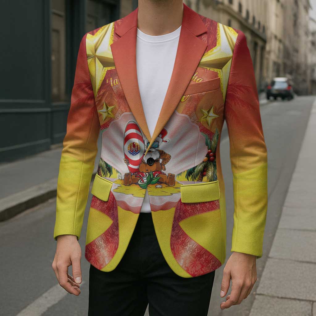French Polynesia Christmas Blazer Seashell Santa Beach Vibes - Polynesian Pride