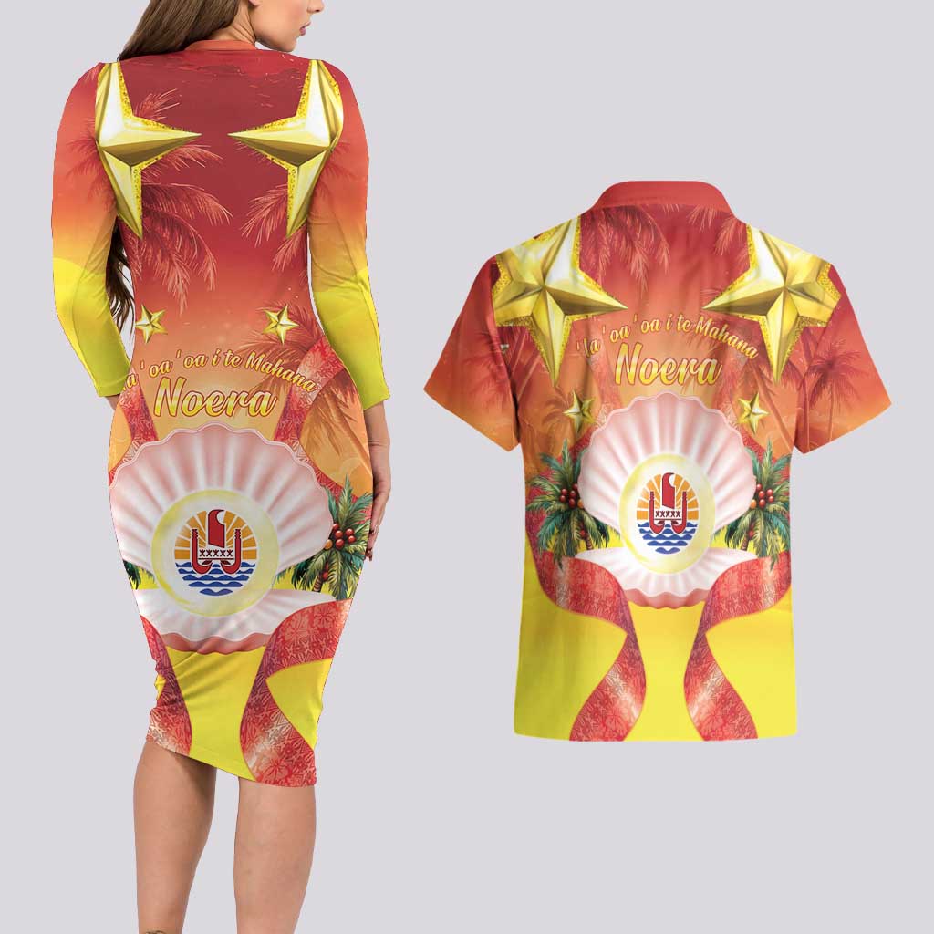 French Polynesia Christmas Couples Matching Long Sleeve Bodycon Dress and Hawaiian Shirt Seashell Santa Beach Vibes - Polynesian Pride