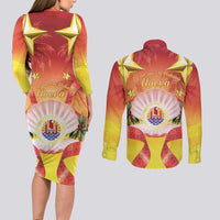 French Polynesia Christmas Couples Matching Long Sleeve Bodycon Dress and Long Sleeve Button Shirt Seashell Santa Beach Vibes - Polynesian Pride