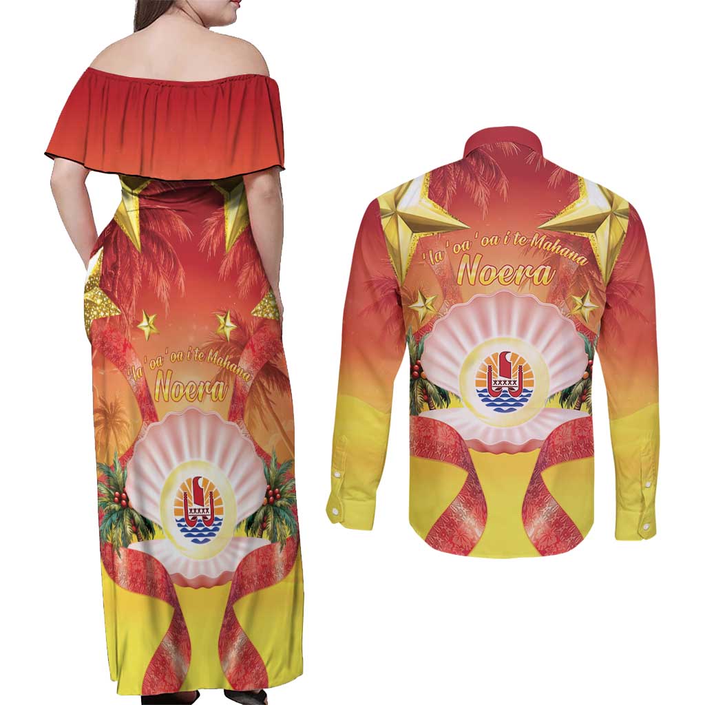 French Polynesia Christmas Couples Matching Off Shoulder Maxi Dress and Long Sleeve Button Shirt Seashell Santa Beach Vibes - Polynesian Pride