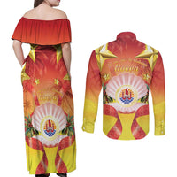 French Polynesia Christmas Couples Matching Off Shoulder Maxi Dress and Long Sleeve Button Shirt Seashell Santa Beach Vibes - Polynesian Pride