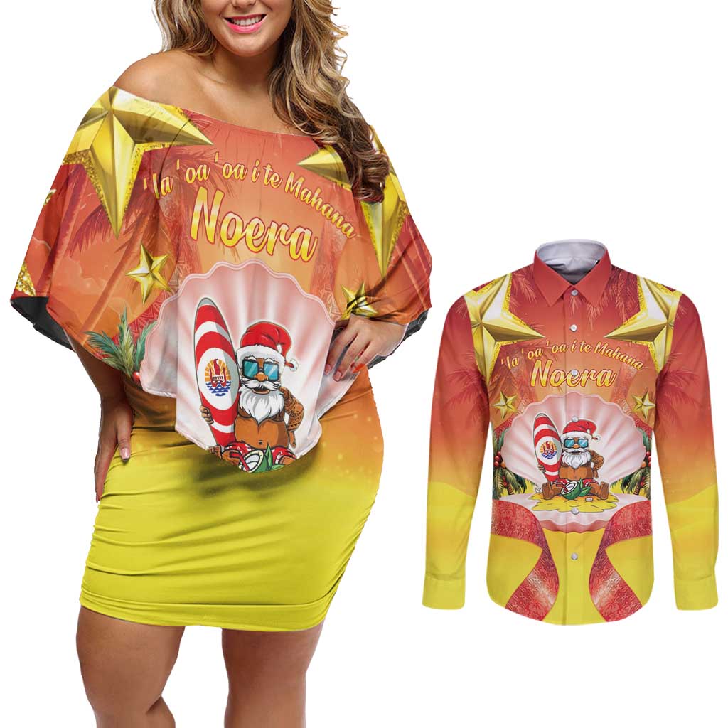 French Polynesia Christmas Couples Matching Off Shoulder Short Dress and Long Sleeve Button Shirt Seashell Santa Beach Vibes - Polynesian Pride