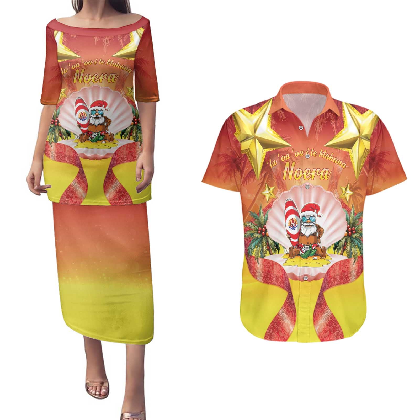 French Polynesia Christmas Couples Matching Puletasi and Hawaiian Shirt Seashell Santa Beach Vibes - Polynesian Pride