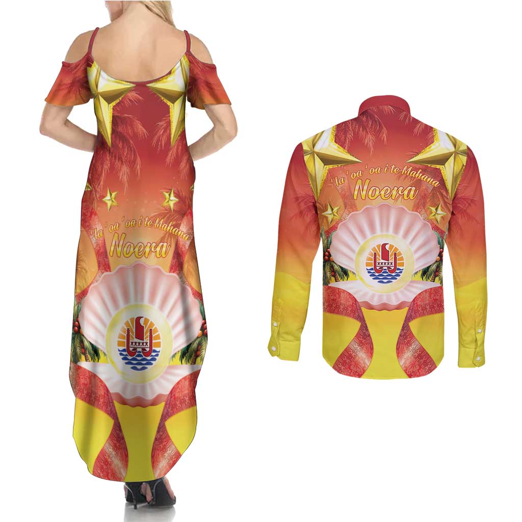 French Polynesia Christmas Couples Matching Summer Maxi Dress and Long Sleeve Button Shirt Seashell Santa Beach Vibes - Polynesian Pride