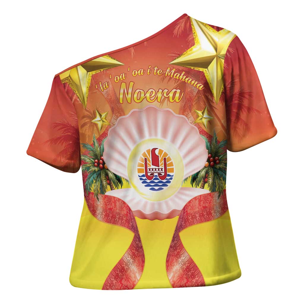 French Polynesia Christmas Cross Shoulder Shirt Seashell Santa Beach Vibes - Polynesian Pride