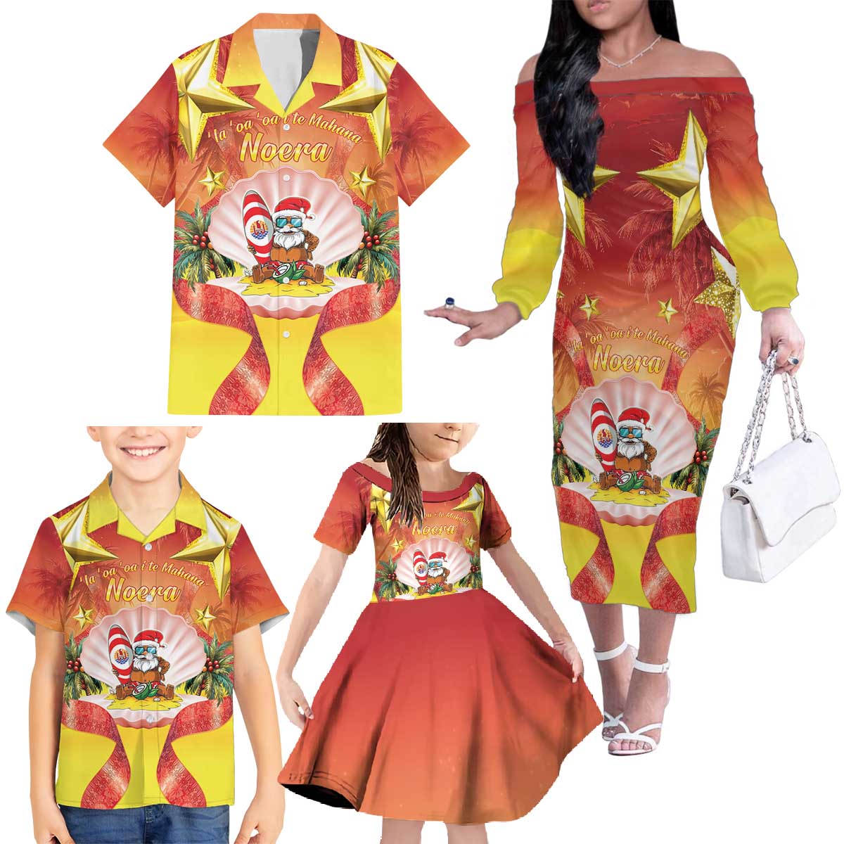 French Polynesia Christmas Family Matching Off The Shoulder Long Sleeve Dress and Hawaiian Shirt Seashell Santa Beach Vibes - Polynesian Pride