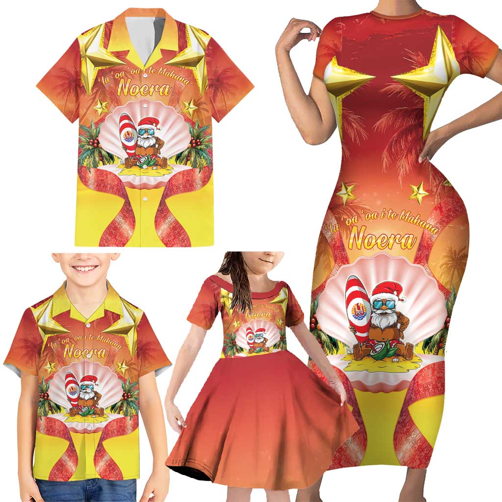 French Polynesia Christmas Family Matching Short Sleeve Bodycon Dress and Hawaiian Shirt Seashell Santa Beach Vibes - Polynesian Pride