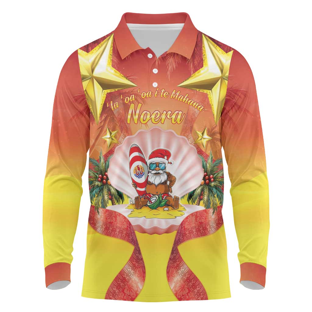 French Polynesia Christmas Long Sleeve Polo Shirt Seashell Santa Beach Vibes - Polynesian Pride