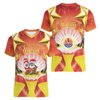 French Polynesia Christmas Women V-Neck T-Shirt Seashell Santa Beach Vibes - Polynesian Pride