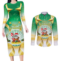 Cook Islands Christmas Couples Matching Long Sleeve Bodycon Dress and Long Sleeve Button Shirt Seashell Santa Beach Vibes - Polynesian Pride