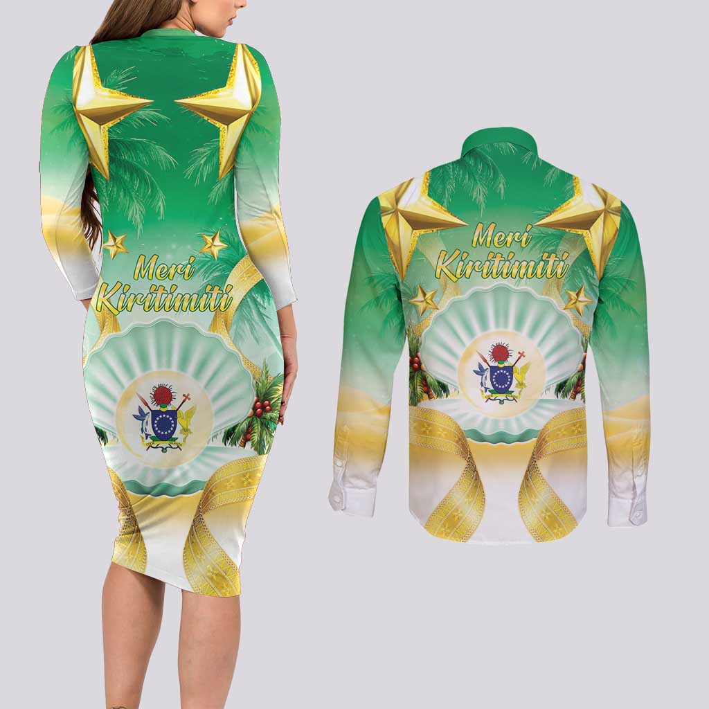Cook Islands Christmas Couples Matching Long Sleeve Bodycon Dress and Long Sleeve Button Shirt Seashell Santa Beach Vibes - Polynesian Pride