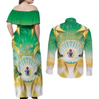 Cook Islands Christmas Couples Matching Off Shoulder Maxi Dress and Long Sleeve Button Shirt Seashell Santa Beach Vibes - Polynesian Pride
